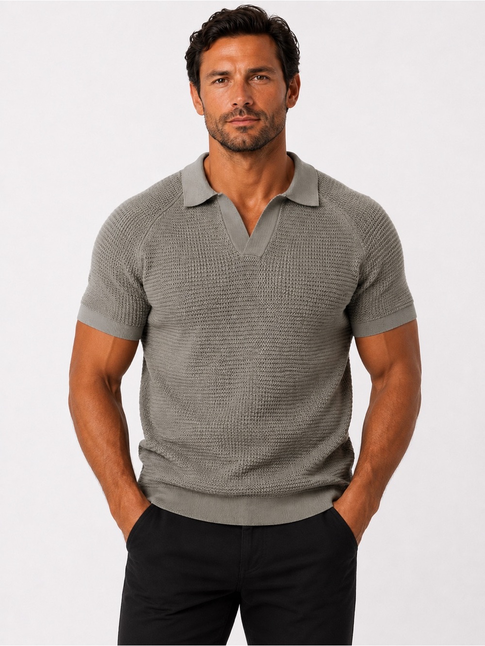 NWT-Tailored Athlete Men's Short-Sleeve Knit Polo Shirt in Gray-Medium